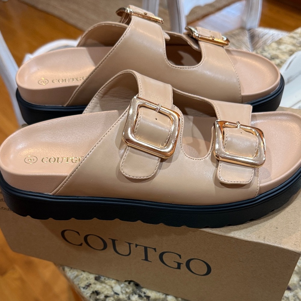 Coutgo Women's Beige Sandals with Gold Accents